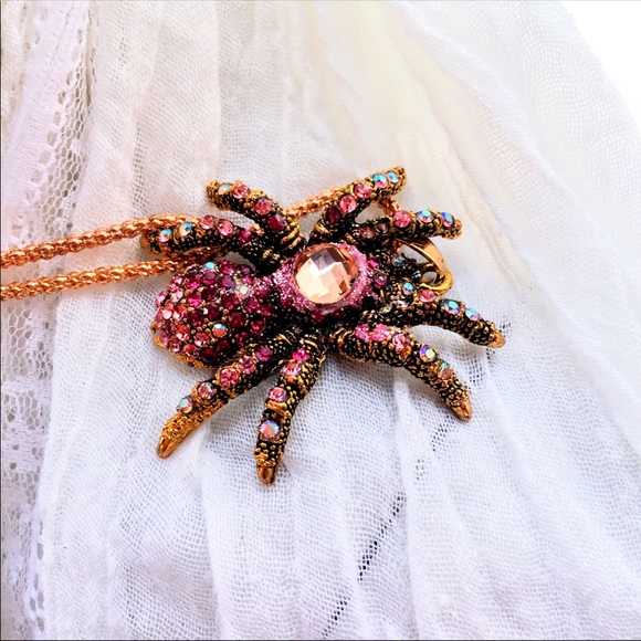 Bronze & Pink Crystal Spider Pendant Necklace, NWT - Picture 6 of 6